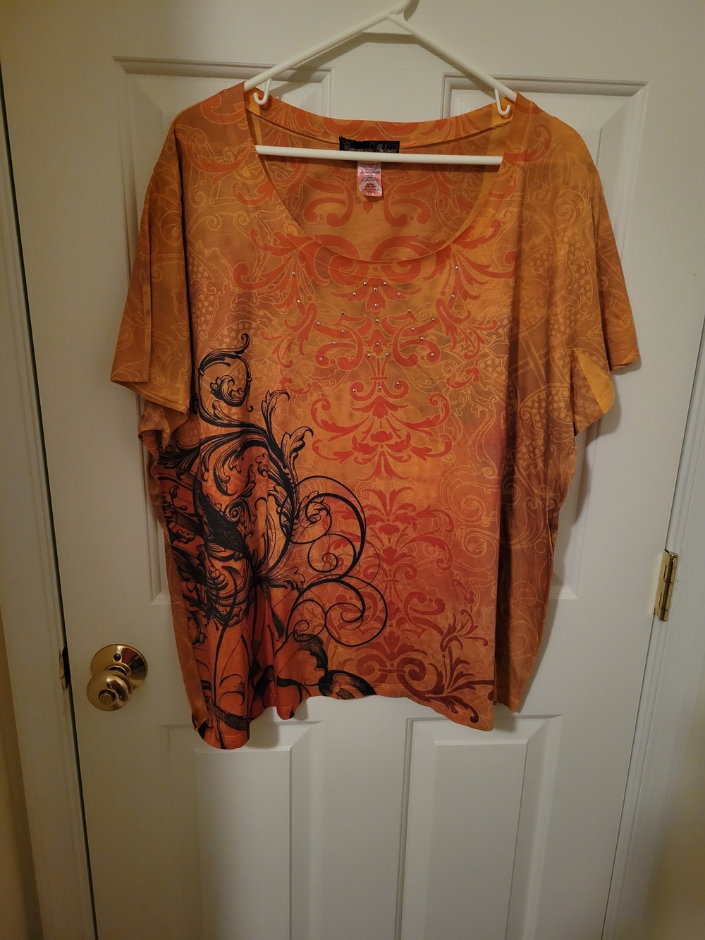 Women's Scoop Neck Orange Printed Blouse With Embellishment